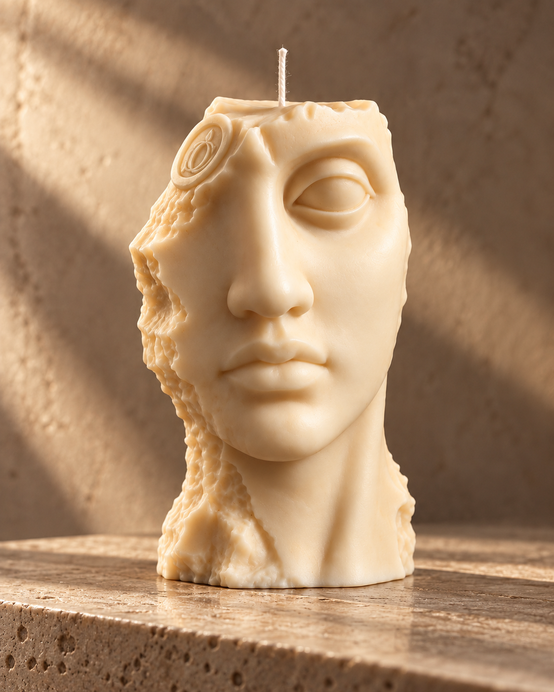 A sculptural candle shaped like a stylized Orpheus face, made of warm cream-colored wax, displayed on a stone surface with warm sunlight and shadows.