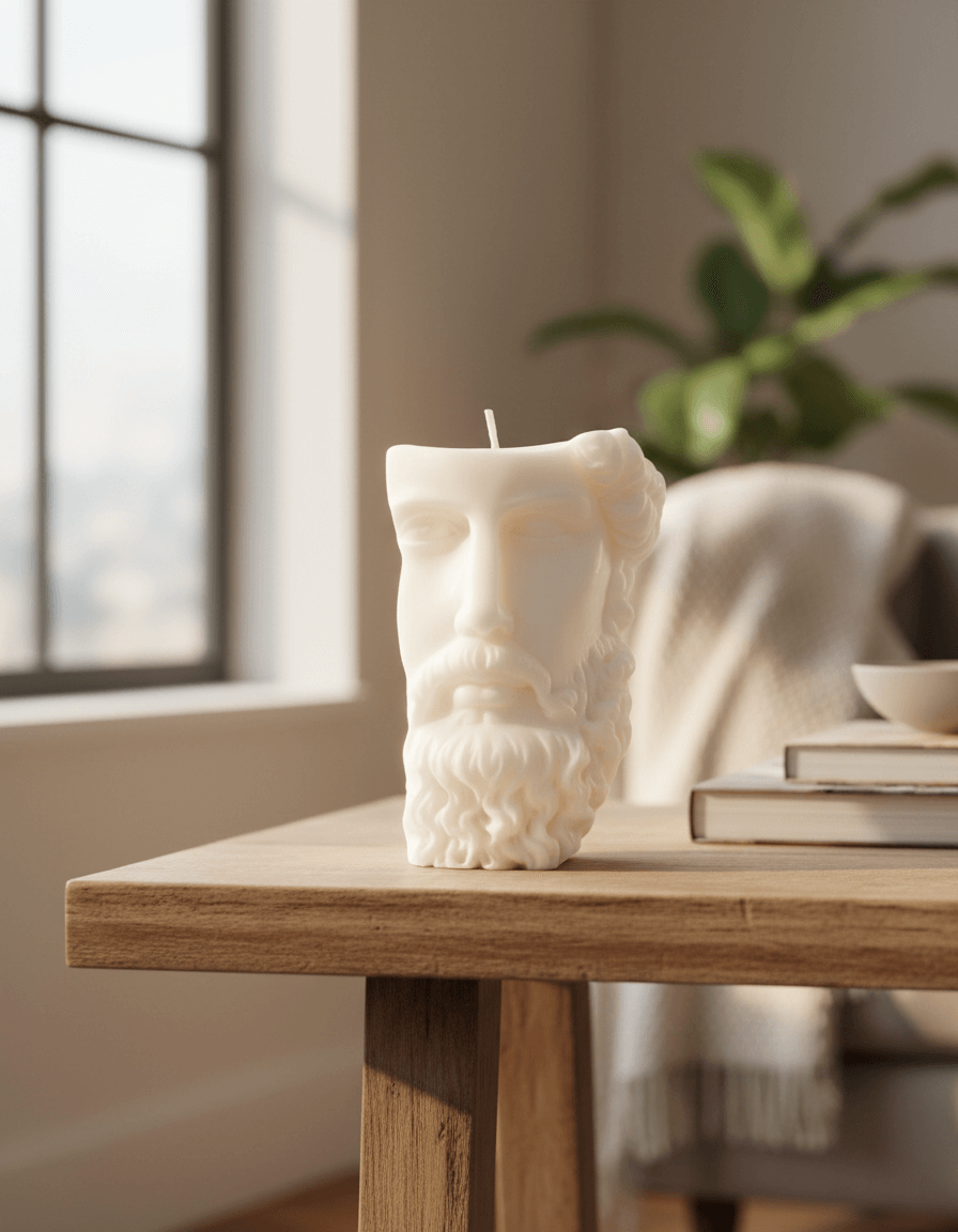 Poseidon candle on a coffee table