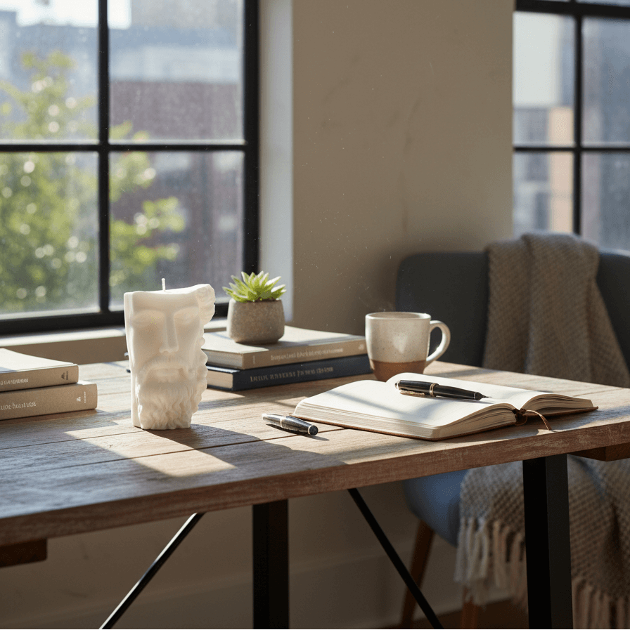 Poseidon candle on a table
