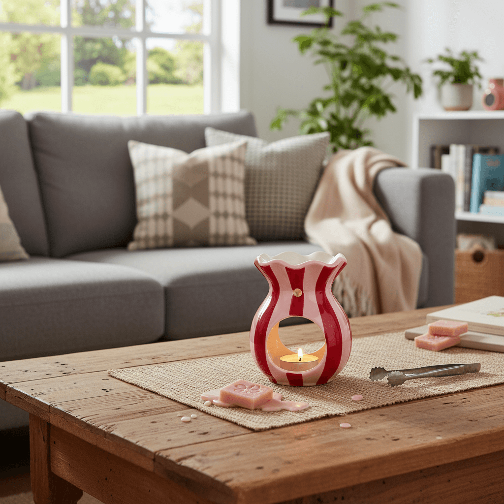 Red Ceramic Burner on a table in a cozy living room