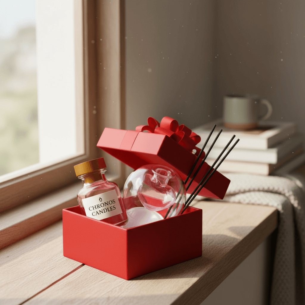 Red gift box with candles and diffuser on a windowsill