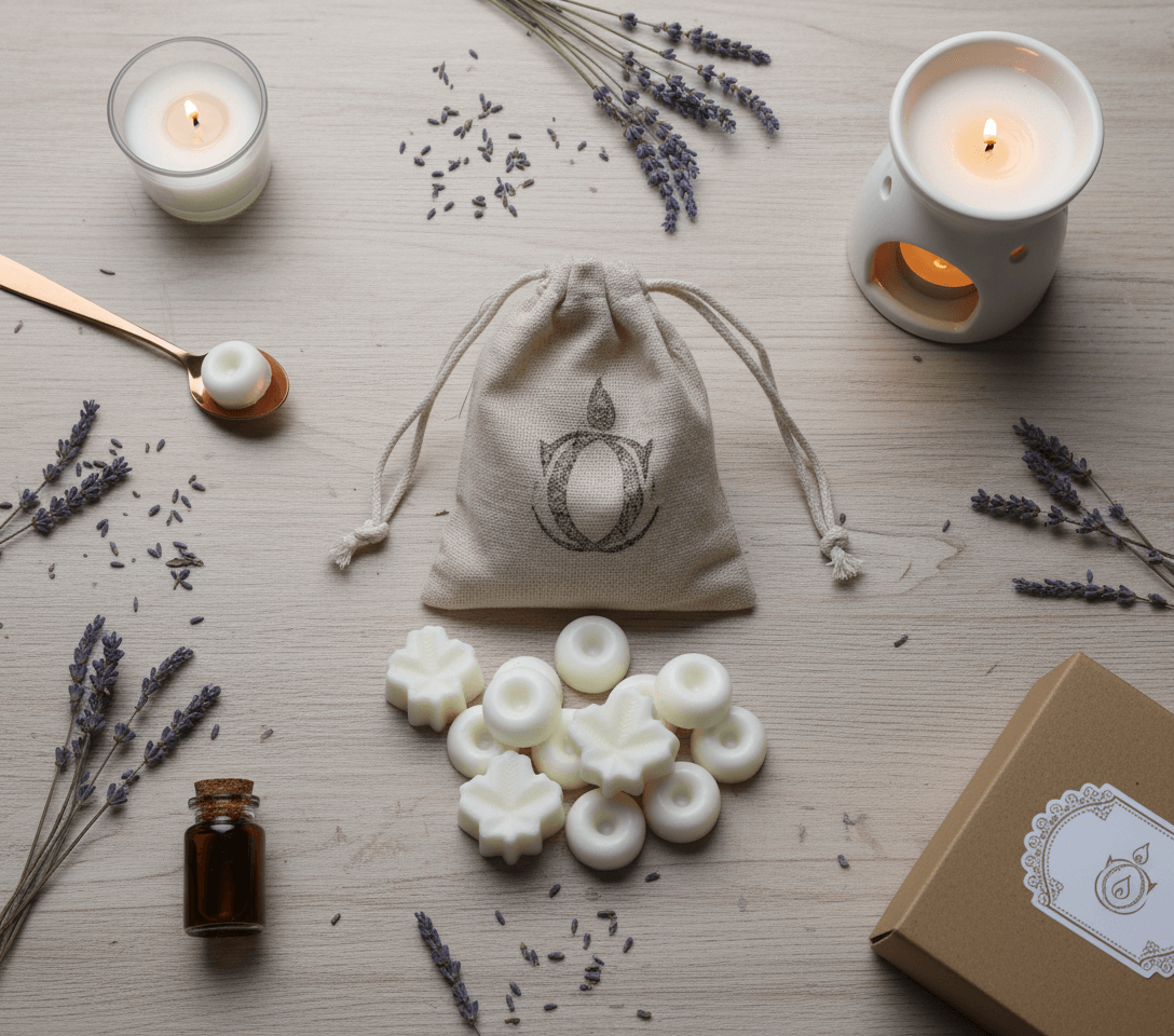Scatter of white wax melts, lavender flowers, a small bottle, and a drawstring bag on a wooden surface.
