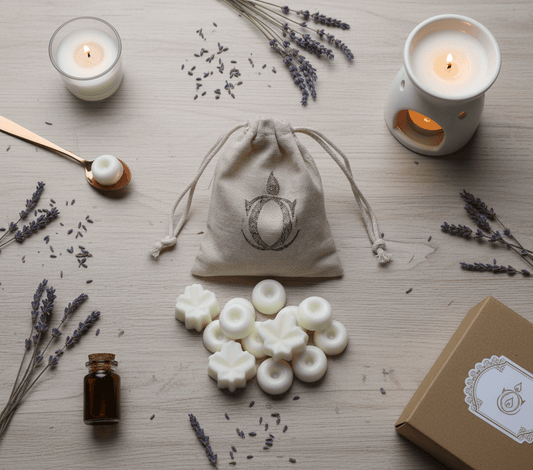 Scatter of white wax melts, lavender flowers, a small bottle, and a drawstring bag on a wooden surface.