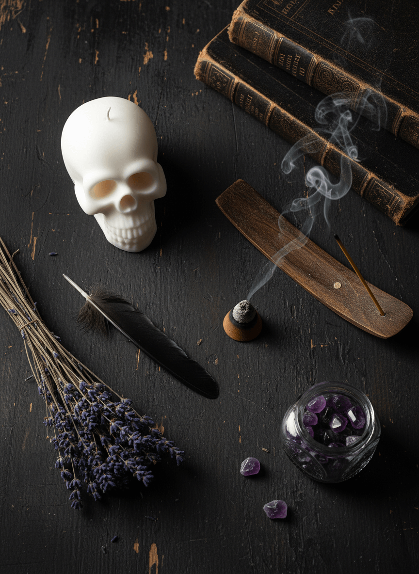 Skull-shaped candle, incense stick, lavender, and books on a dark surface