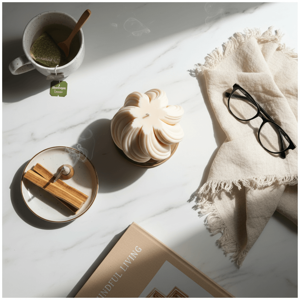 Teacup with tea bag, plate with cinnamon sticks, white candle, glasses, and book on a light surface.