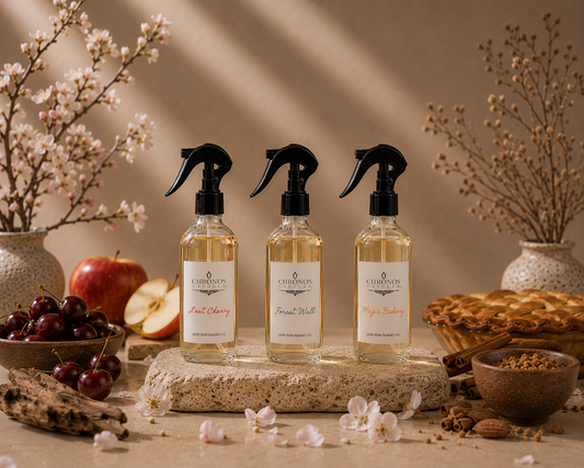 Three spray bottles of Chronos aromatherapy room spray. Lost Cherry, Magic Bakery, and Forest Walk, arranged on a stone slab with apples, cherries, a pie, and dried flowers in a warm rustic setting.
