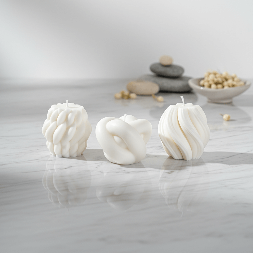 Three white textured candles on a light gray surface with pebbles and a bowl in the background.