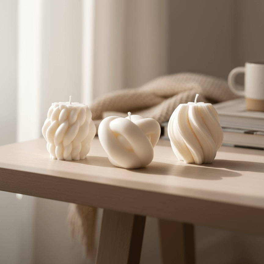Three white textured candles on a wooden surface with a soft background