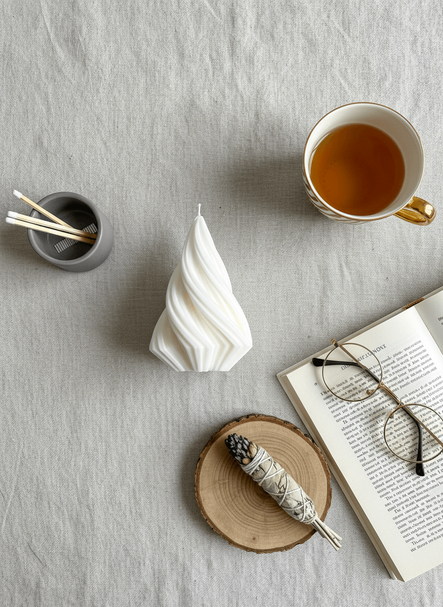 Tree candle on a table with book, glasses and cup of tea