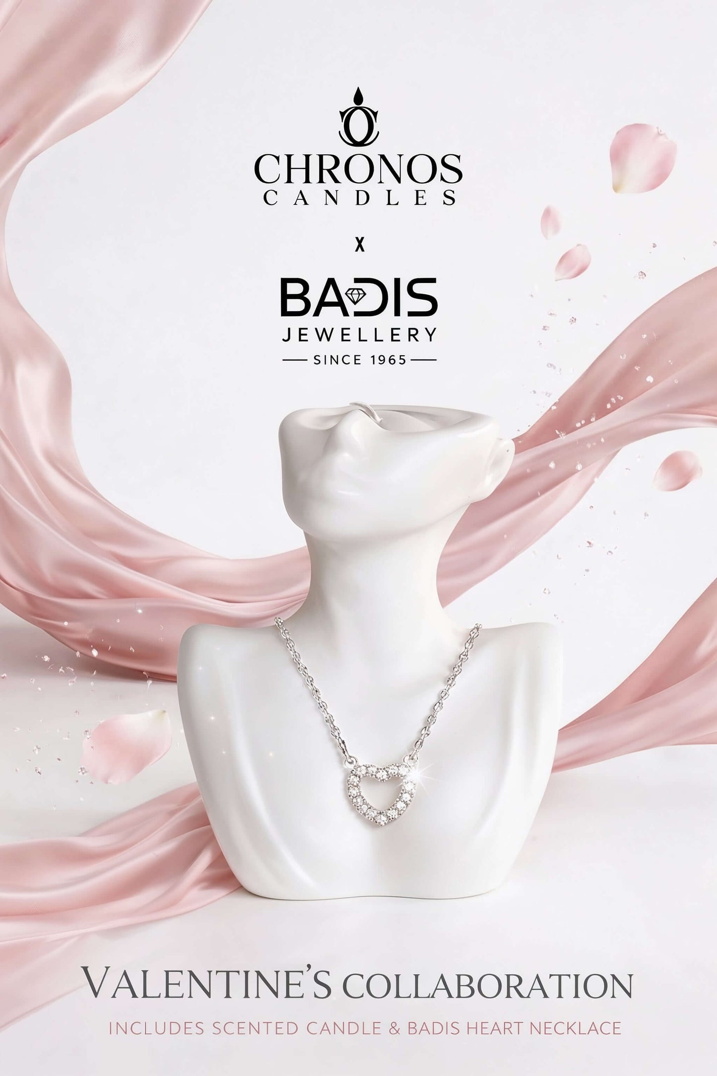 Collaboration between Chronos Candles and Badis Jewellery featuring a necklace on a mannequin bust with pink ribbons.