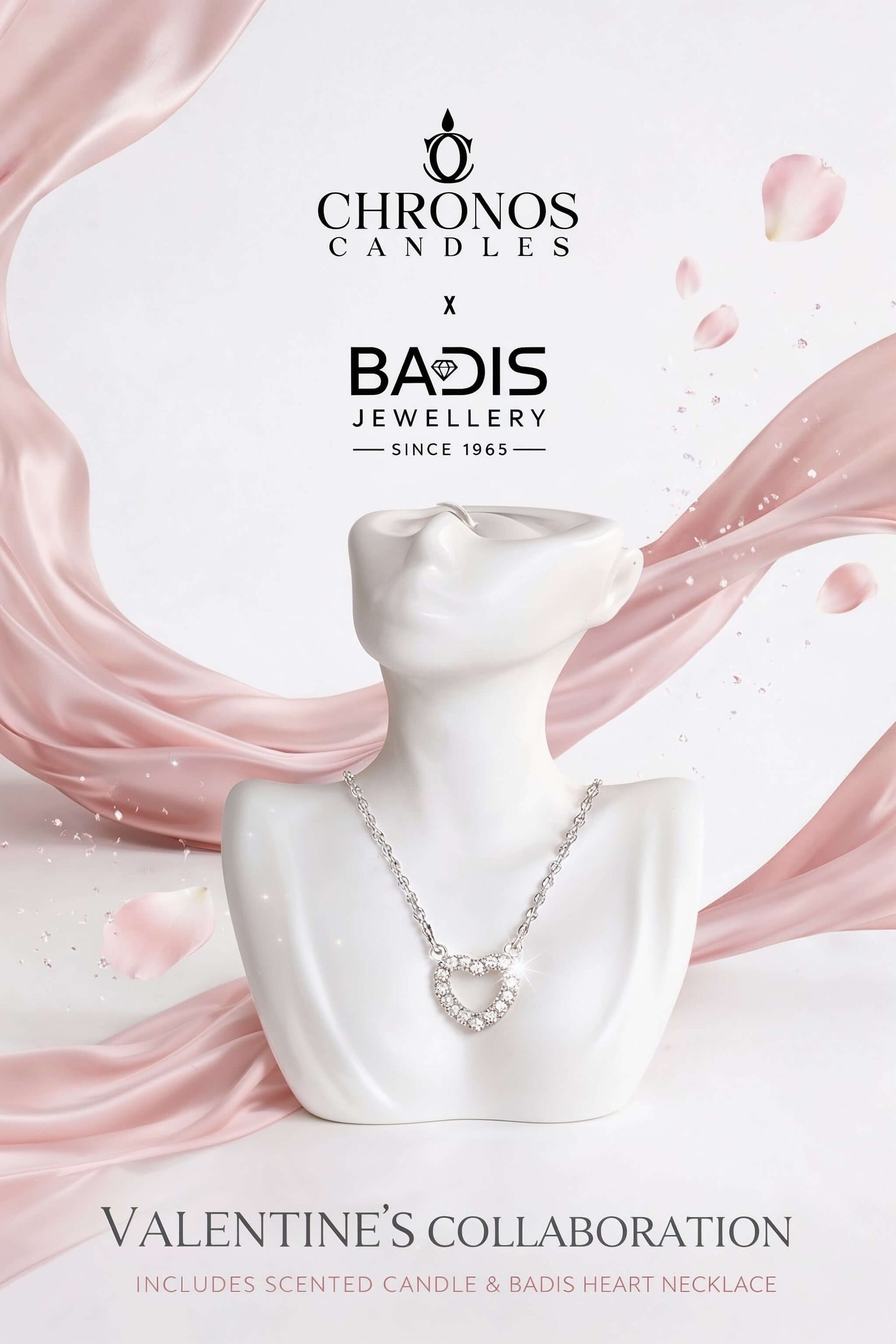 Collaboration between Chronos Candles and Badis Jewellery featuring a necklace on a mannequin bust with pink ribbons.