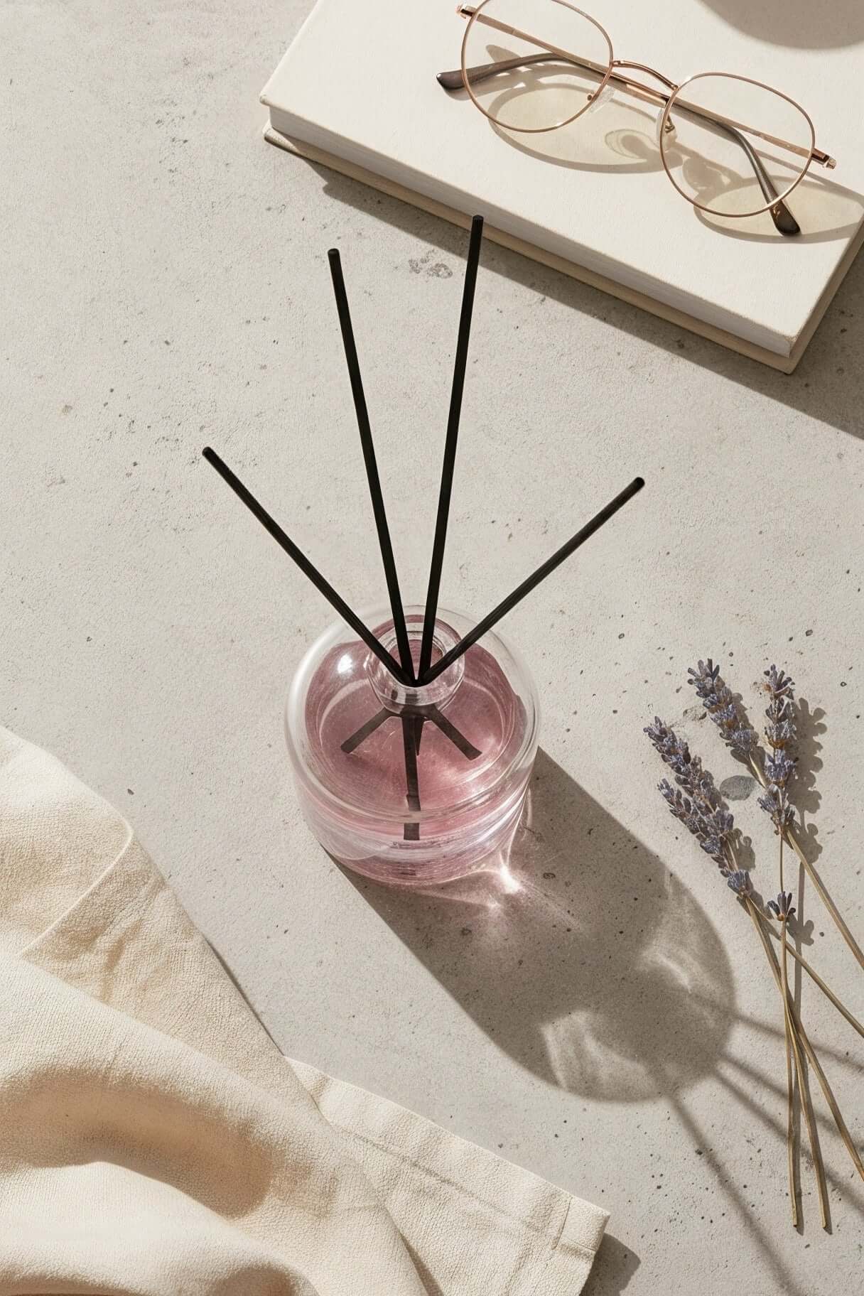 Diffuser with lavender sticks on a light surface with a cup, glasses, and fabric.