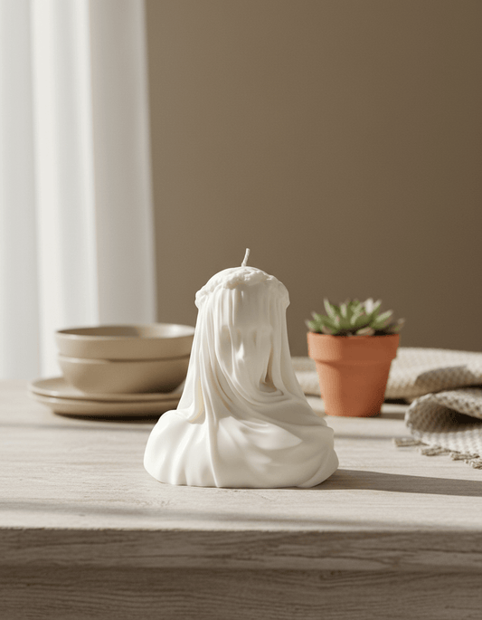 Veiled Lady candle on a living room table