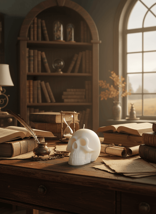 Vintage desk with books, skull candle, and window in the background
