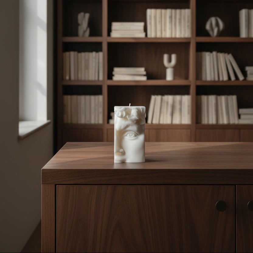 White candle on a wooden surface with a bookshelf in the background