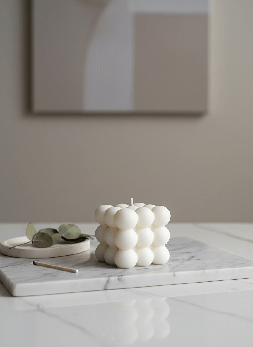 White bubble candle on a marble surface with a neutral background