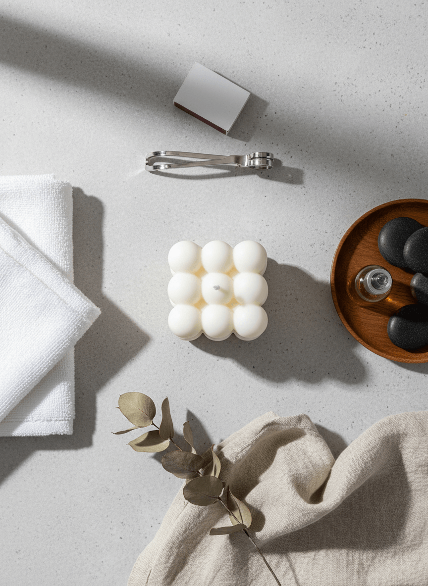 White bubble candle on a light gray surface with a white towel and eucalyptus leaves.