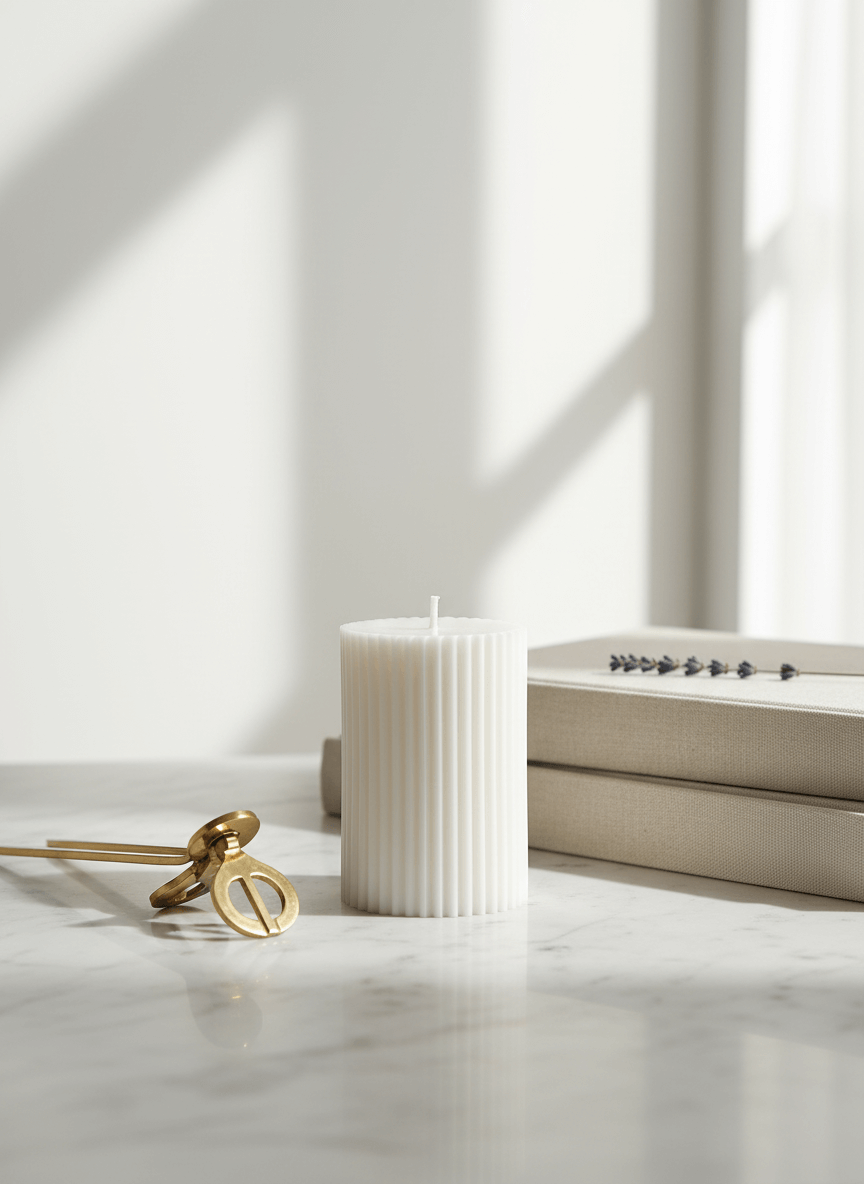 White candle on a marble surface with a bathtub in the background
