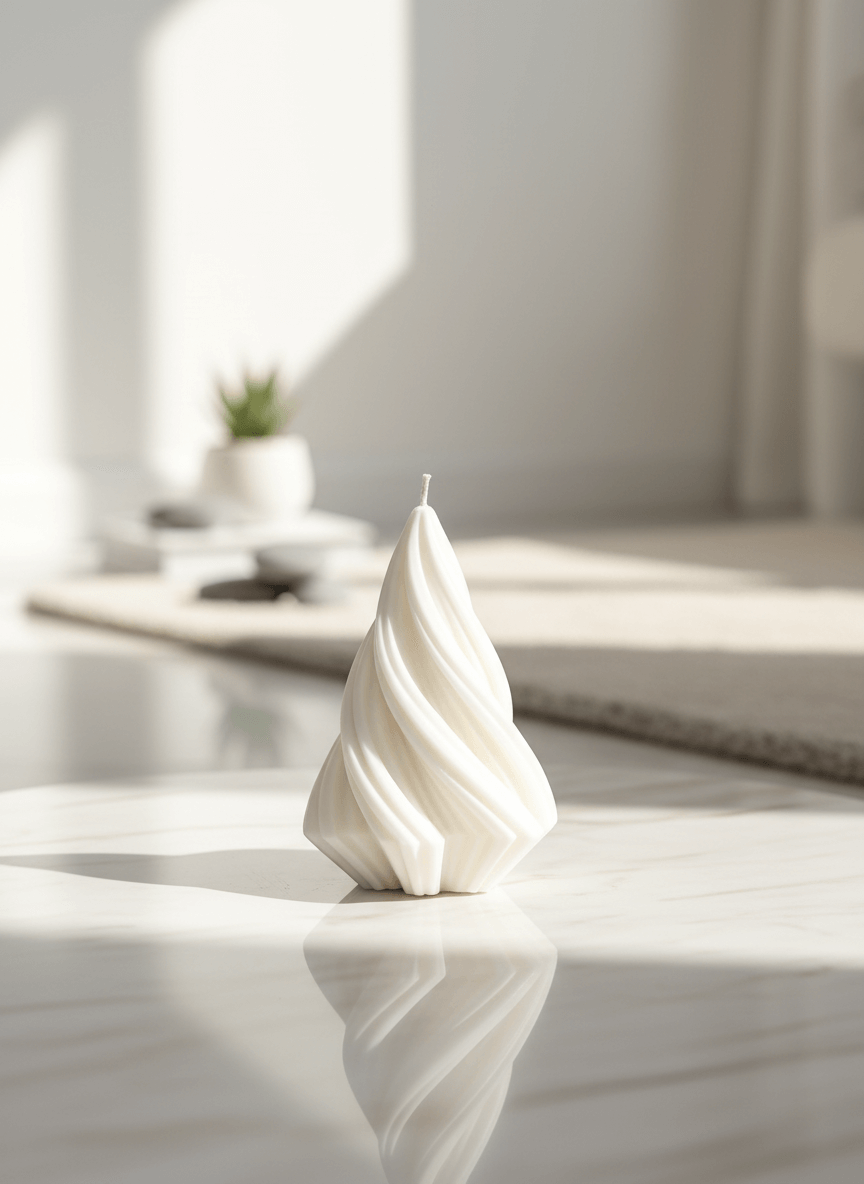 White candle on a marble surface with a blurred background