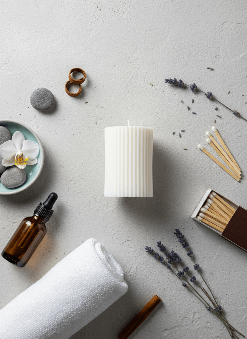 White candle surrounded by lavender, stones, a towel, and a bottle on a light gray surface.