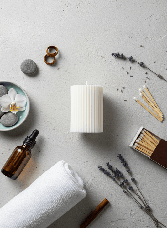 White candle surrounded by lavender, stones, a towel, and a bottle on a light gray surface.