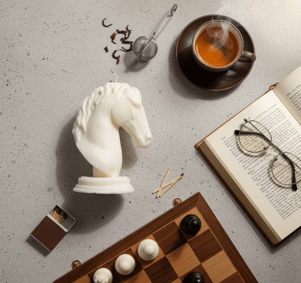 White horse head sculpture on a gray surface with a cup of tea, book, matches, and chess pieces.