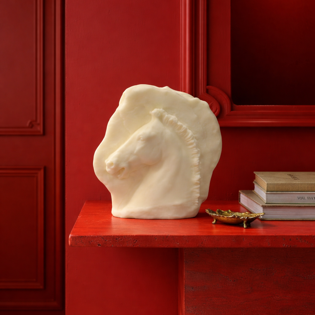 White horse head sculpture on a red surface with a red wall background