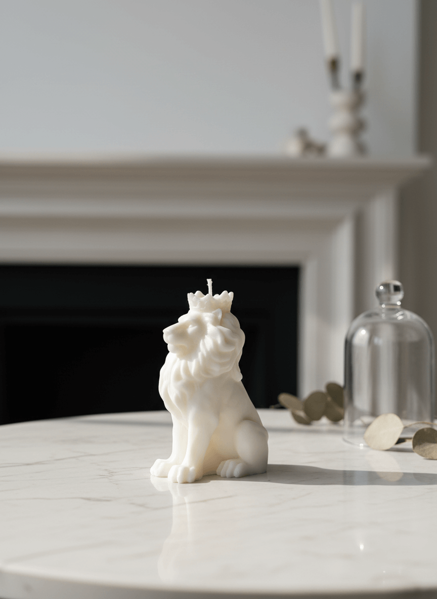 White lion-shaped candle on a marble surface with a fireplace in the background