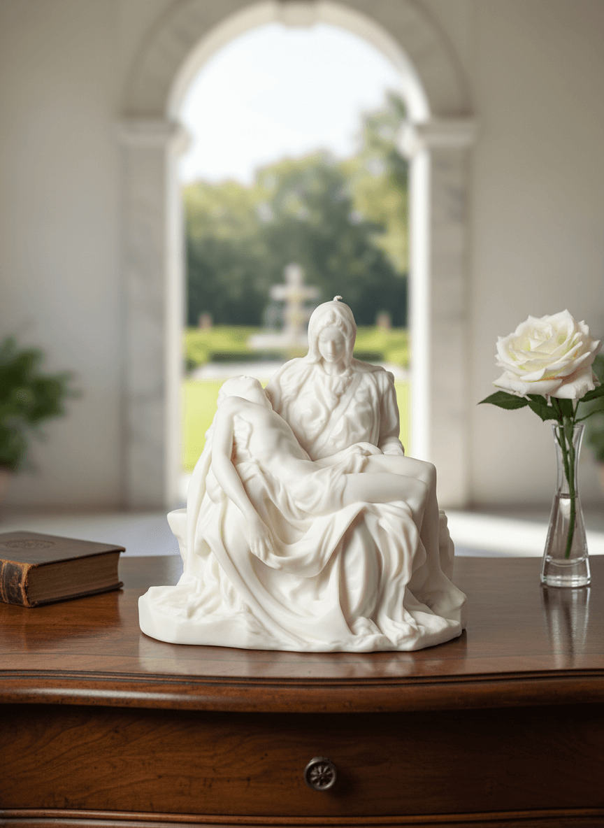 White marble sculpture Pieta of a seated figure on a wooden surface with a blurred garden background