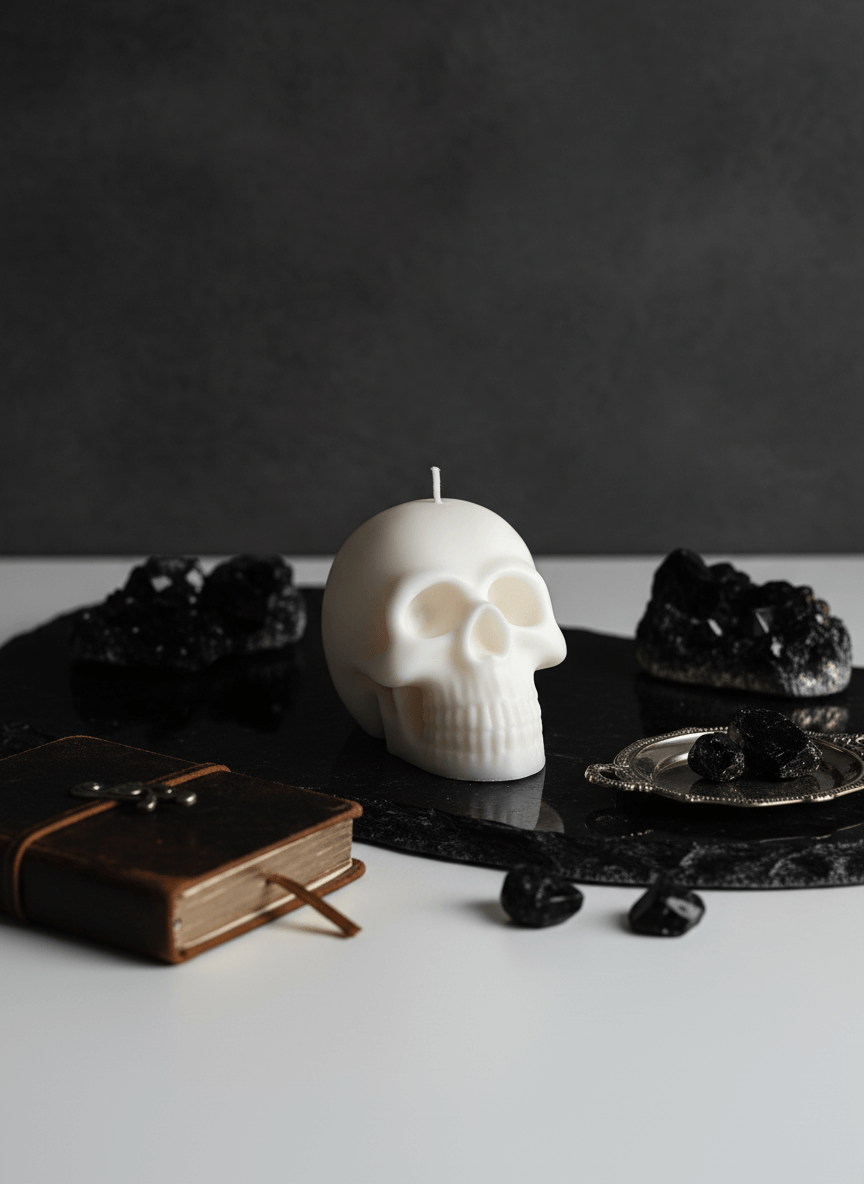 White skull-shaped candle on a dark surface with black decorative elements