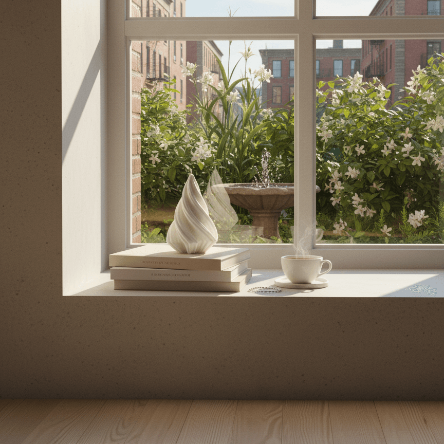 Window view with a table and decorative candle on a windowsill