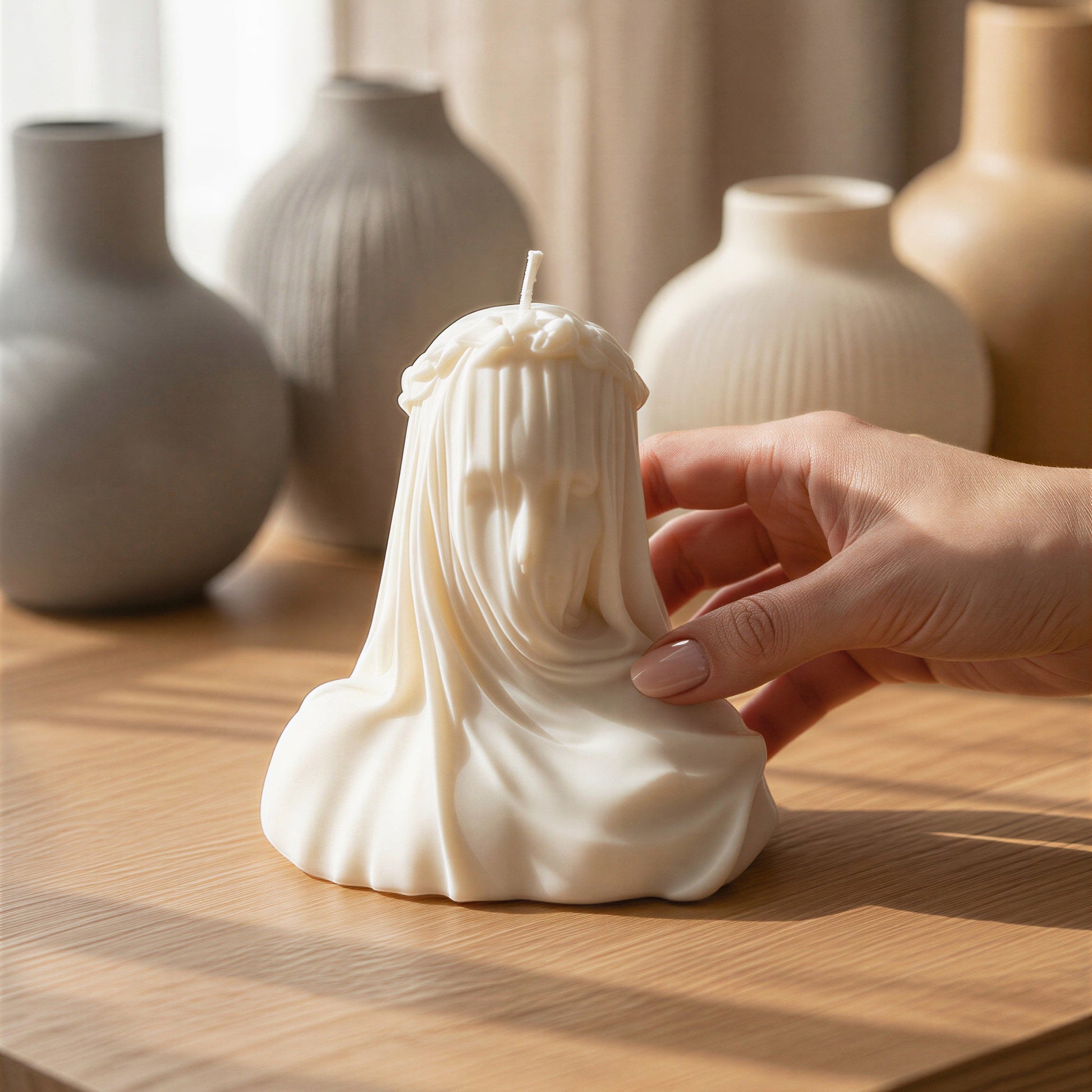 A cream-colored sculptural candle shaped like a draped figure sits on a wooden table, with a hand reaching toward it. Softly blurred ceramic vases and curtains appear in the background.