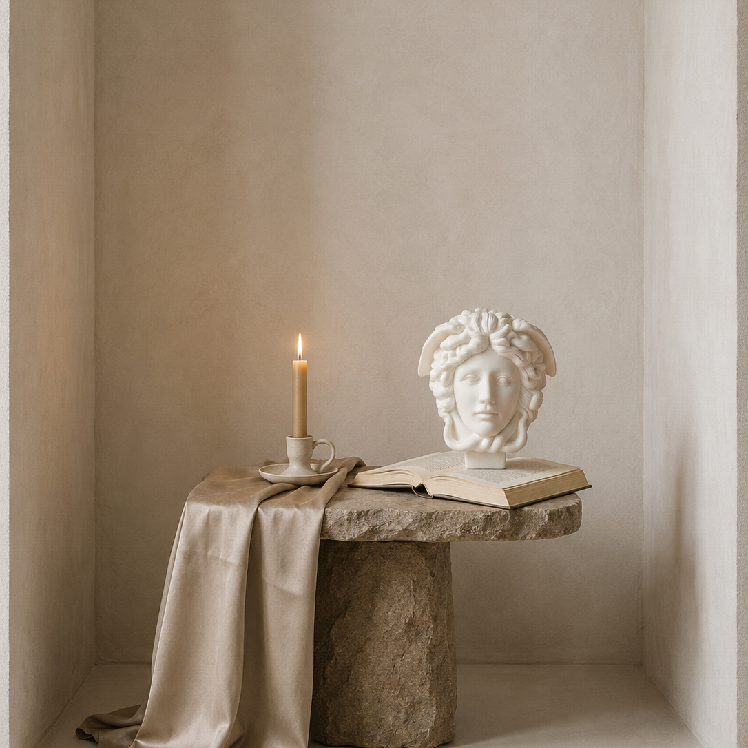 A styled interior scene in a warm beige room with a stone pedestal holding a white classical-style head sculpture, an open book, and a lit candle on a draped satin cloth.