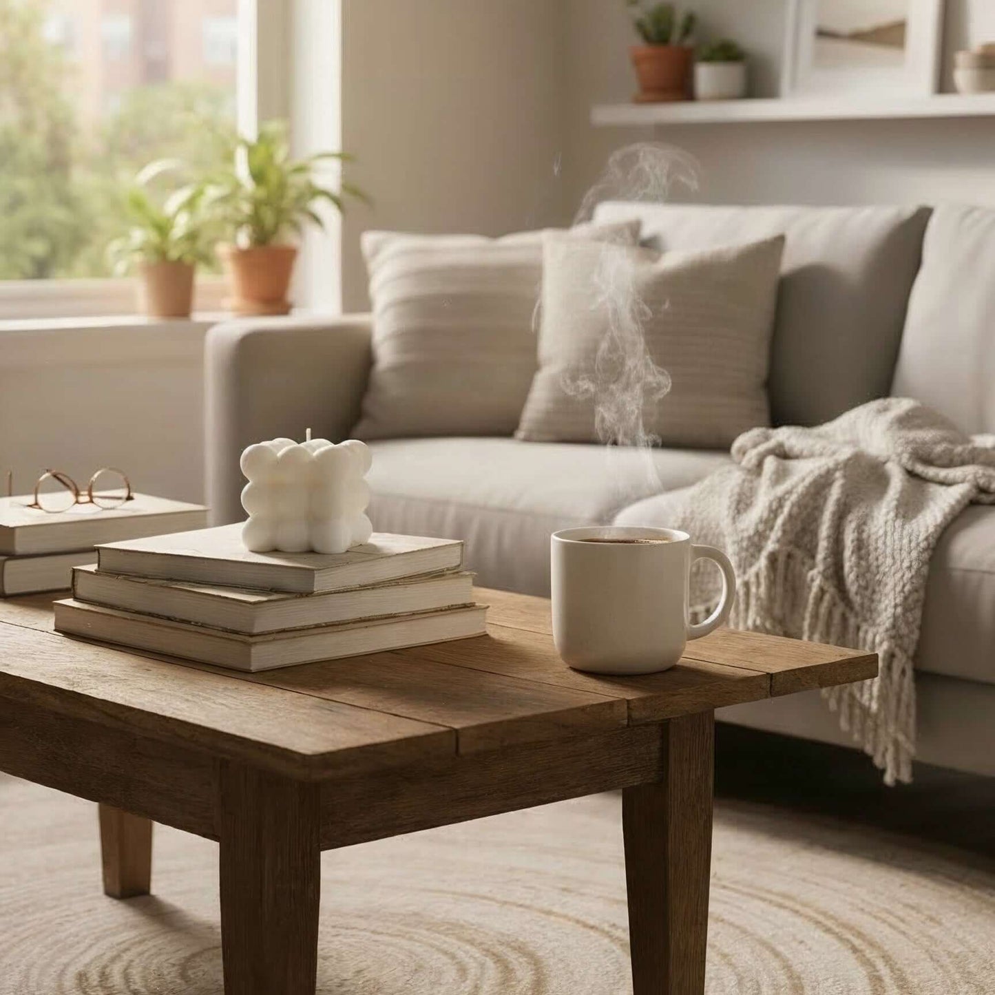 Cozy living room with a wooden coffee table, candle, books, and a mug.