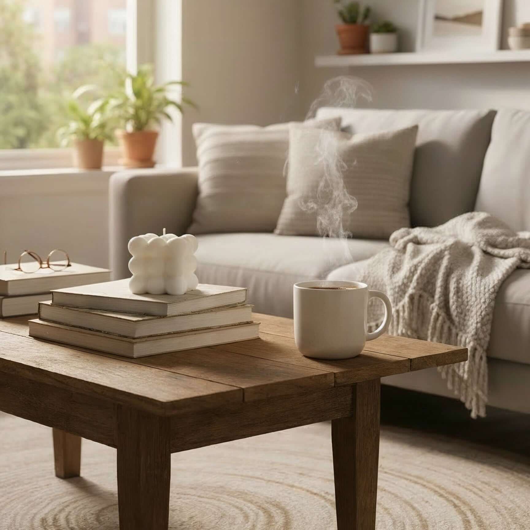 Cozy living room with a wooden coffee table, candle, books, and a mug.